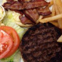 Bbq Bacon Burger · Served with coleslaw and pickle.