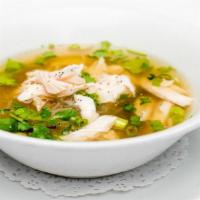 Mien Ga · Chicken in clear broth with glass noodle, mushroom, fresh herb.