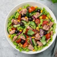 Tuna Salad · Fresh tuna salad, fresh romaine lettuce, sweet cherry tomatoes, cucumbers, roasted peppers, ...