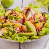 Avocado Salad · Fresh salad of avocado, tomatoes, delicious cucumbers, corn, beans, onions, red peppers, cil...