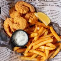 Fried Shrimp Basket (8) · Eight pieces. all comes with french fries or sweet potato fries. no substitute.