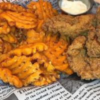 Fried Catfish Basket (3) · Three pieces. all comes with french fries or sweet potato fries. no substitute.