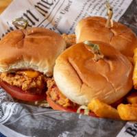 Catfish Sliders(3) · Three pieces. all comes with french fries or sweet potato fries. no substitute.