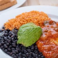 Huevos Rancheros · Eggs served on a fried tortilla sautéed with red mexican sauce, served with rice and beans