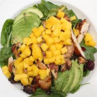 California Chicken Salad · Mixed greens, dried cranberries, pine nuts, avocado, mango, and grilled chicken. Served with...