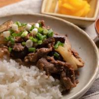 Marinated Beef With Soy Over Rice · Marinated beef with soy over rice (mushroom, scallion, onion, beef, soy sauce, garlic).