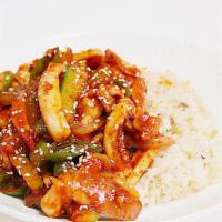 Spicy Squid Over Rice · Stir fried Spicy Squid&Pork Over Rice comes with salad, miso soup, rice.