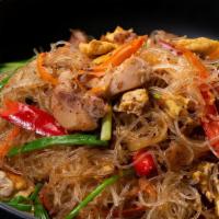 Japchae Over Rice · Stir-fried glass noodle with vegetable & beef comes with rice and soup.