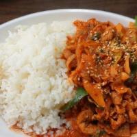 Spicy Pork Over Rice · Come with salad, soup, rice.