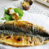 Broiled Mackerel Fish With Rice · Broiled mackerel fish with miso soup, salad, rice, special homemade dipping sauce.
