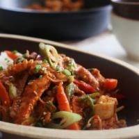 Spicy Squid & Pork Over Rice · Stir fried Spicy Squid&Pork Over Rice comes with salad, miso soup, Rice
