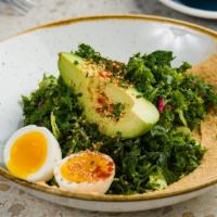 Brassicas Bowl · charred broccolini, brussels sprouts, kale, hummus, soft boiled egg, avocado, pickled shallo...