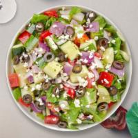 Salad For The Gods · Romaine lettuce, green and red peppers, cherry tomatoes, cucumbers,  Kalamata olives with Gr...