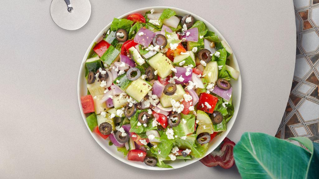 Salad For The Gods · Romaine lettuce, green and red peppers, cherry tomatoes, cucumbers,  Kalamata olives with Greek Dressing.