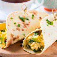 Cali Breakfast Wrap · Delicious Breakfast wrap topped with 2 Egg Whites, Avocado, Tomatoes & Pepper Jack Cheese. S...