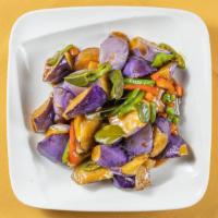 Ma Khue Puang (Eggplant) · Hot. Eggplant stir-fried in sweet chili sauce and lime leaves.