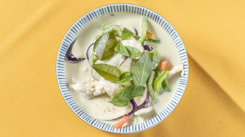 Gaeng Keo Wahn (Green Curry) · Hot. Famous green curry with chicken, eggplant, basil and coconut milk.