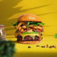 King'S Choice Fries Vegan Burger · Seasoned vegan burger patty topped with fries, avocado, melted vegan cheese, caramelized oni...