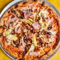 Capricciosa Pizza · Tomato sauce, fresh mozzarella, hot sausage, mushrooms, artichokes, black olives, and ham.