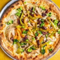 Vegetarian White Pizza · Broccoli, onions, green peppers, eggplant, mushrooms, and black olives.