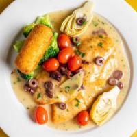 Pollo Contadina · Fried chicken breast with artichoke hearts, gaeta olives and tomatoes. Served with a vegetab...