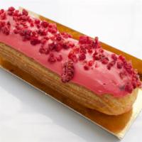 Eclair Raspberry · Raspberry pastry cream and glaze, with dried raspberry pieces.