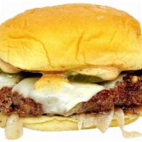 Jersey Smash · Yella’s burger blend, shaved sweet onions, white American cheese, pickles, secret sauce, pot...
