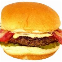 Bacon Cheeseburger · Yella’s burger blend, bacon, cheddar cheese, pickles, secret sauce, potato roll