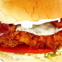 Chicken Bacon Ranch · crispy chicken breast, bacon, provolone cheese, lettuce, tomato, ranch dressing, potato roll