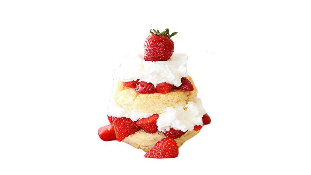 Strawberry Shortcake · Contains: Dairy, Egg, and Gluten. Vanilla marinated strawberry and fresh whipped cream stacked with two pieces of buttery shortcakes, a baby strawberry as garnish.