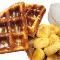 Brown Butter Waffle · Three pieces of Belgian waffles made with brown butter, butterscotch caramelized bananas, co...