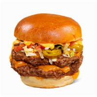 Double Nacho Cheeseburger · Contains: Cheddar, Chipotle, Salsa, Jalapenos, Lettuce, Brioche Bun, Hamburger