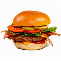 Bbq Bacon Cheeseburger · Contains: Cheddar, BBQ Sauce, Tomato, Pickles, Add Bacon, Hamburger, Brioche Bun
