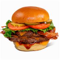 Double Bbq Bacon Cheeseburger · Contains: Cheddar, BBQ Sauce, Bacon, Tomato, Pickles, Brioche Bun, Hamburger