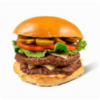 Burgers - Double Southwest Cheeseburger · Contains: Pepper Jack, Brioche Bun, Chipotle, Green Leaf Lettuce, Jalapenos, Tomato, Hamburger