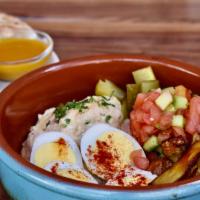 Sabich Platter    · Eggplant, hummus, hard boiled eggs, Israeli salad, pickles, green tahini, mango chutney, har...