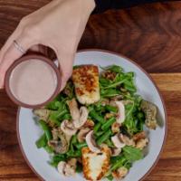 Grilled Halloumi Cheese & Artichoke Heart Salad  · tossed baby arugula with string beans, walnuts & mushrooms. spritzed with walnut vinaigrette...