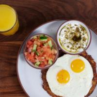 Potato Pancake · Two eggs, Labneh cheese, & Israeli salad.