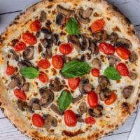 Pizza Di Montclair · Porcini and truffle oil spread, pecorino sardo, grape tomatoes and wood-fired mushrooms