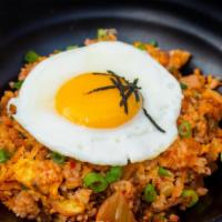 Kimchi Fried Rice (Spicy) · Fried rice with diced kimchi, onion, ground beef and topped with fried egg. Served with miso...