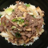 Bulgogi Rice Bowl · Steamed white rice topped with marinated rib-eye beef and vegetables. Served with miso soup ...