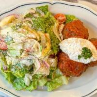 Meatball Salad · Meatballs, marinara, iceberg, red onion, tomato, parmesan, olive oil & vinegar