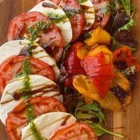 Caprese Salad · Fresh mozzarella, tomato, roasted red peppers, pesto, aged balsamic glaze
