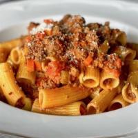 Paccheri Bolognese · Beef and pork ragu, roasted carrots, celery, onion, marinara