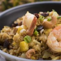 Pineapple Fried Rice · Jasmine rice infused with yellow curry flavor, stir fried with pineapple, egg, cashew nuts, ...