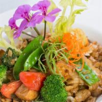 Drunken Noodle · Vegetarian. These stir fried wide rice noodles are mixed with tofu, fresh basil, bell pepper...