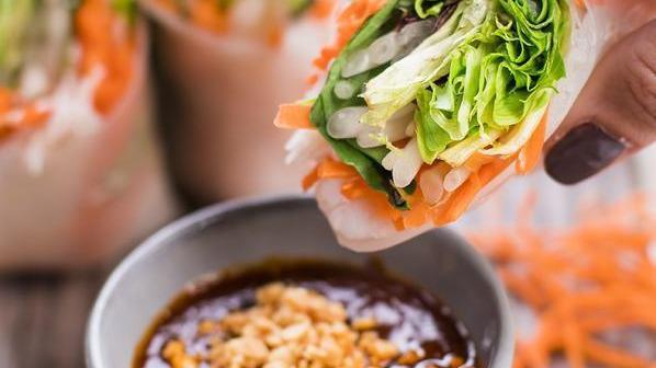 Veggie Rolls · Stuffed with tofu, cilantro, bean sprouts, carrots, lettuce, basil leaves, and rice vermicelli wrapped in soft rice skin served with our famous peanut sauce.
