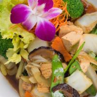 Mixed Vegetable Deluxe · A healthy combination of vegetables, tofu, and shiitake mushrooms tossed in our hot seasoned...