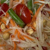 Papaya Salad (Som Tum) · Thai signature spicy salad with shredded green papaya, carrots, green beans, fresh chills, g...