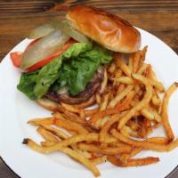 Grass-Fed Beef Burger With Pommes Frites · Grass-fed beef burger, gem lettuce, tomato, red onion, pickles, jalapeño aioli, brioche bun,...